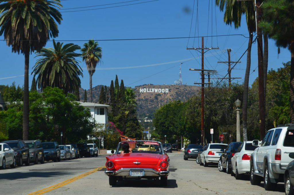 Los Angeles street with Hollywood sign