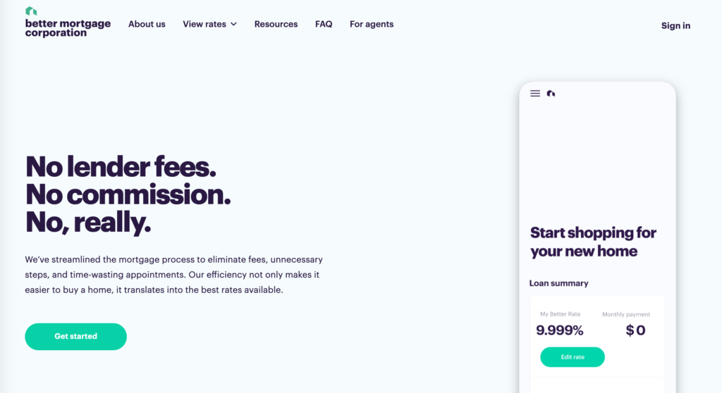 Better.com mortgage lender homepage of website