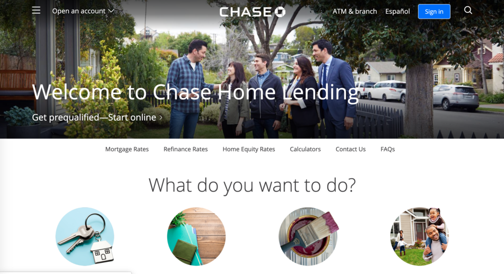 Chase webpage for home lending loans