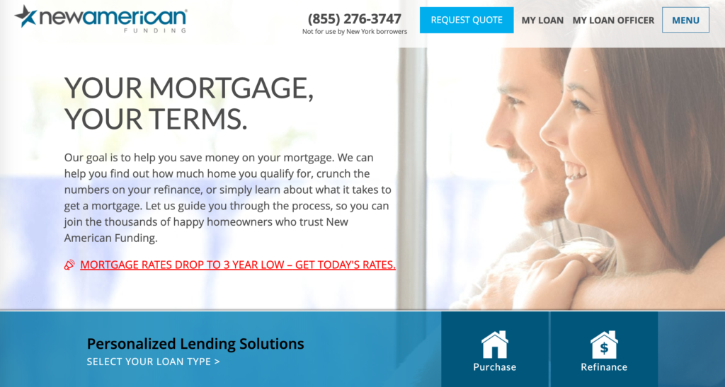 New American Funding mortgage  lender homepage of website
