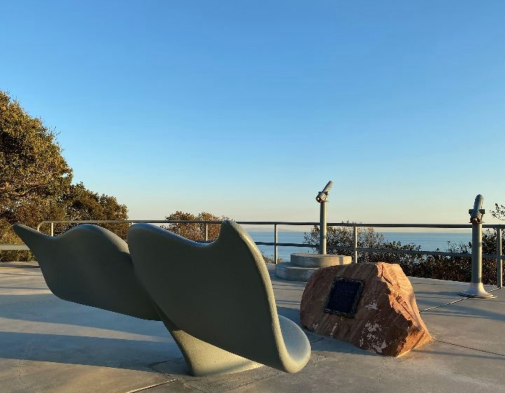 Cassie Brown Memorial Whale Watch Station: Stone, Terrie Bennett, 1994, whale tale bench
