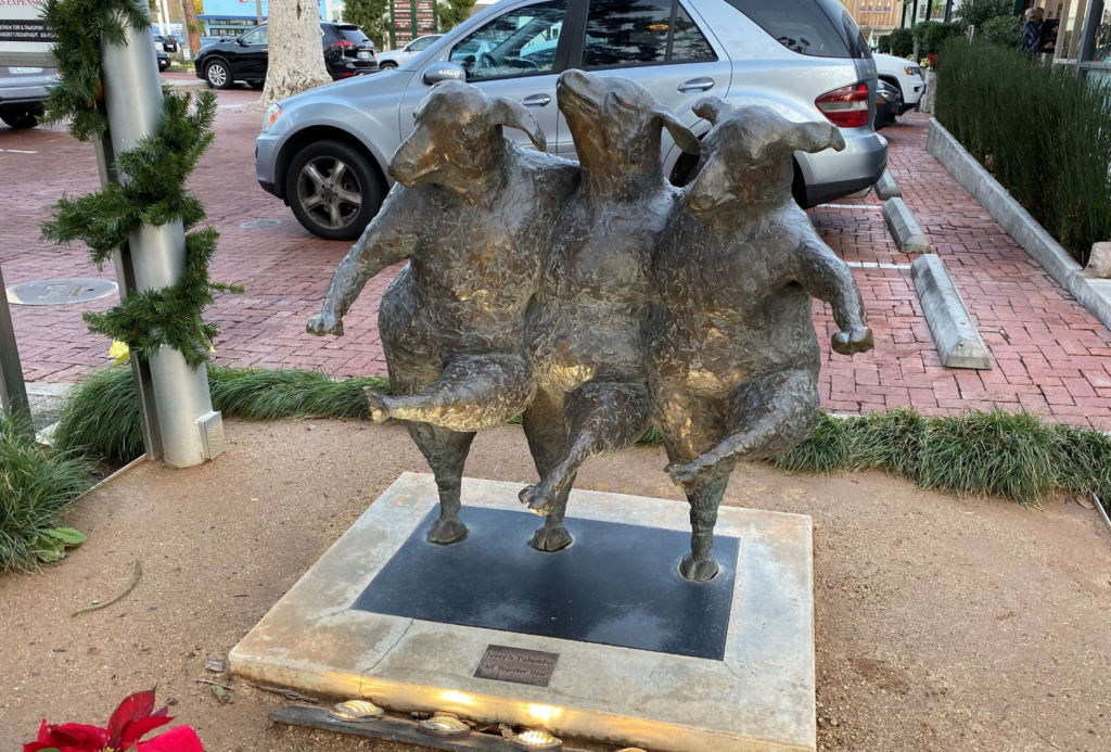 "All Together Now",  Malibu Village, Joseph Palumbo, Bronze Three dancing sheep