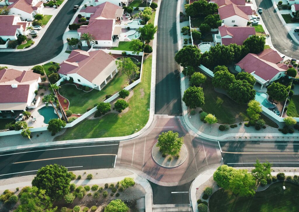 Aerial shot of a neighborhood