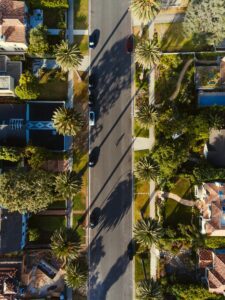 Aerial view of California homes in neighborhood