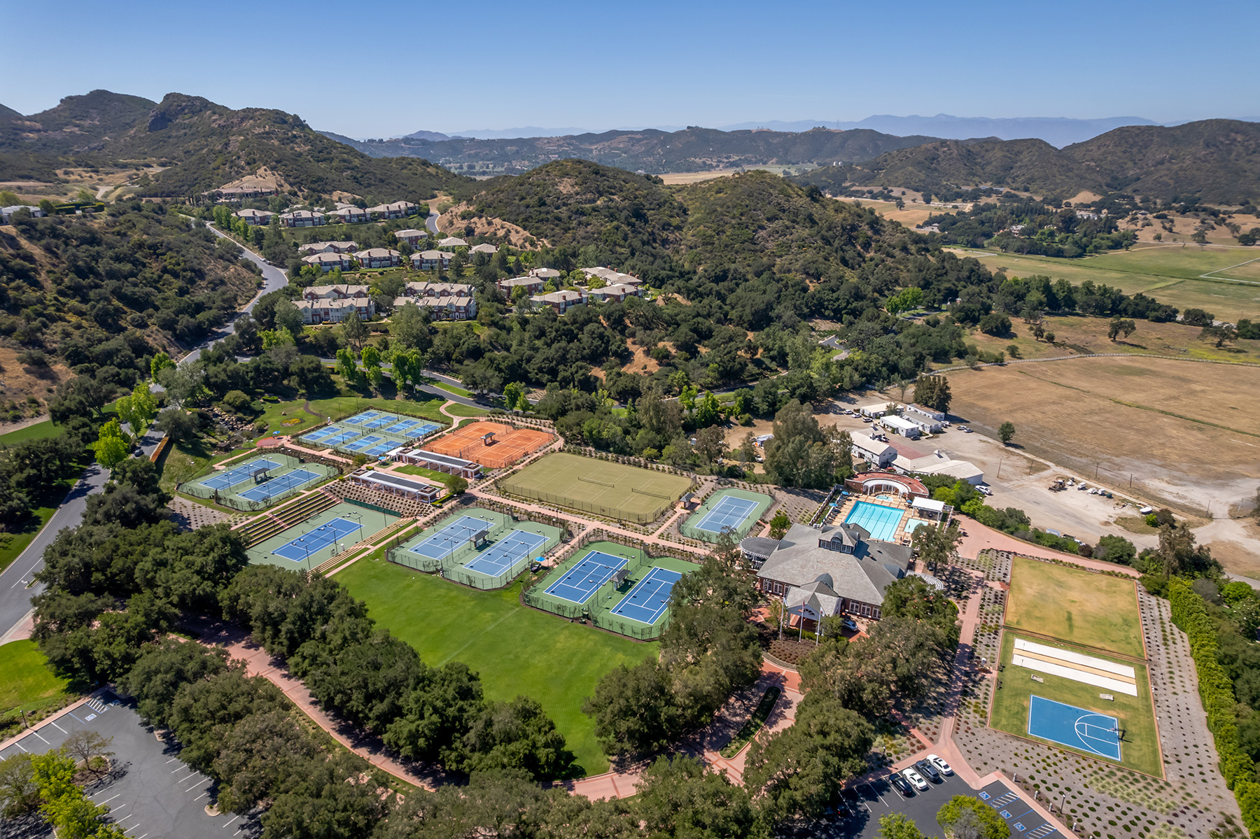 Aerial view of luxury gated community homes in Calabasas California
