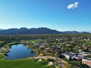 Aerial view of a private golf course and lake near Thousand Oaks