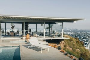 Modern Los Angeles luxury home with fire-resistant features overlooking the city