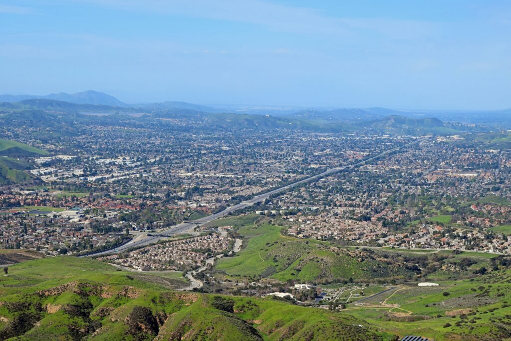 Panoramic view of Simi Valley, California homes and hills from the top of Rocky Peak