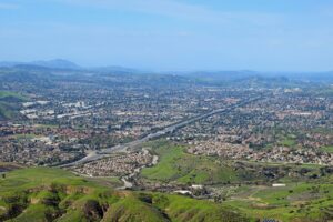 Panoramic view of Simi Valley, California homes and hills from the top of Rocky Peak